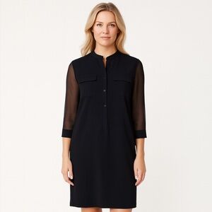 Tahari Black Sheer Long Sleeve Minimalist Tunic Sheath Mini Dress Size 10
